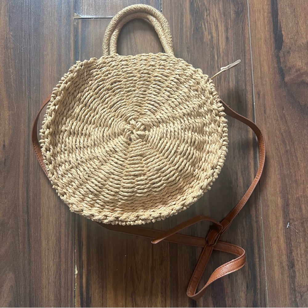 Reitmans Round Woven Straw Crossbody Bag with Brown Strap - Picture 3 of 7